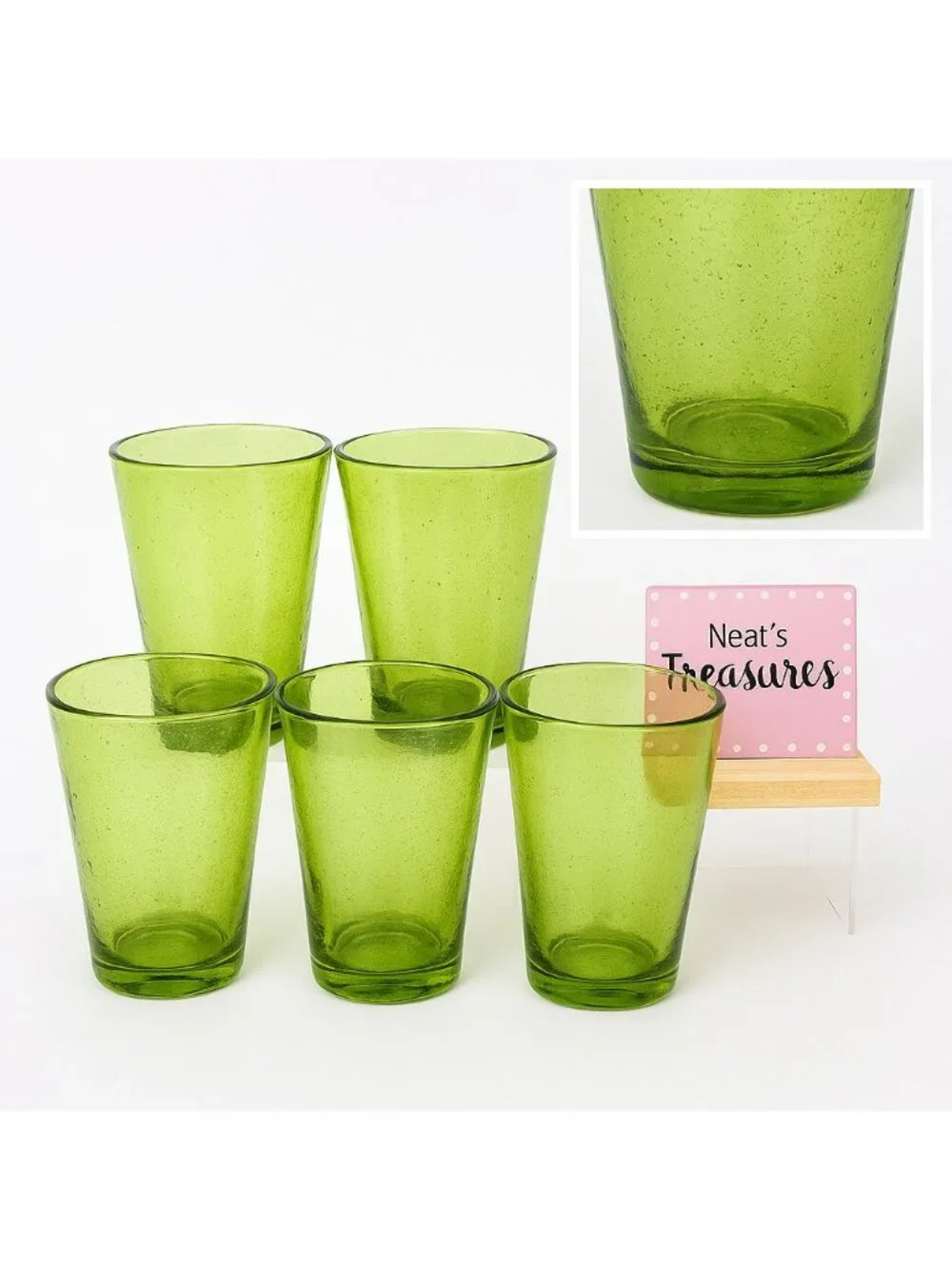 Hand-Blown Weighted Base Flared Artisan Mexico Lime Green Glass Tumbler Set of 5